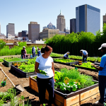 A diverse group of adults, fully clothed in modest, practical attire, actively participating in a vibrant community garden. They are tending to lush green plants in raised garden beds, sharing tools, and interacting positively. The background subtly includes an urban skyline, representing the integration of nature into the community. The overall atmosphere is collaborative, optimistic, and bathed in natural light. Safe for work, appropriate content, professional, fully clothed, perfect anatomy, correct proportions, natural pose, well-formed hands, proper finger count, natural body proportions, high quality photography.