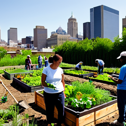 Home 20 A diverse group of adults, fully clothed in modest, practical attire, actively participating in a vibrant community garden. They are tending to lush green plants in raised garden beds, sharing tools, and interacting positively. The background subtly includes an urban skyline, representing the integration of nature into the community. The overall atmosphere is collaborative, optimistic, and bathed in natural light. Safe for work, appropriate content, professional, fully clothed, perfect anatomy, correct proportions, natural pose, well-formed hands, proper finger count, natural body proportions, high quality photography.
