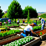 Community Garden**

"A diverse group of people working together in a vibrant community garden, tending to vegetable plants, flowers, and herbs. Some are planting, others are weeding, and some are harvesting. The garden is full of colorful produce and blooming flowers. The background shows a sunny day and a cityscape in the distance. fully clothed, appropriate attire, safe for work, perfect anatomy, natural proportions, professional photography, high quality, family-friendly scene."

**