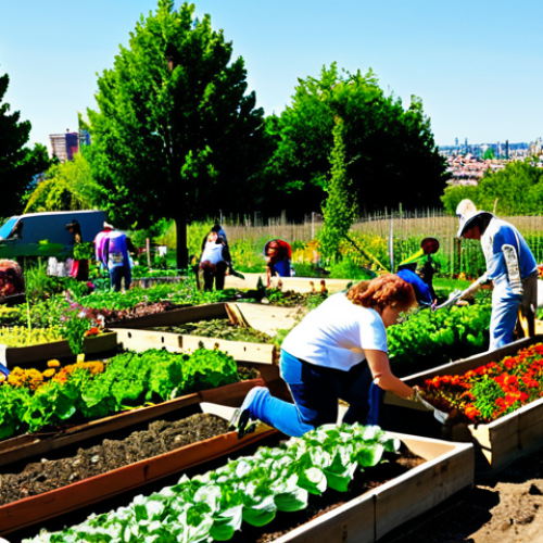 Home 19 Community Garden**
"A diverse group of people working together in a vibrant community garden, tending to vegetable plants, flowers, and herbs. Some are planting, others are weeding, and some are harvesting. The garden is full of colorful produce and blooming flowers. The background shows a sunny day and a cityscape in the distance. fully clothed, appropriate attire, safe for work, perfect anatomy, natural proportions, professional photography, high quality, family-friendly scene."
**