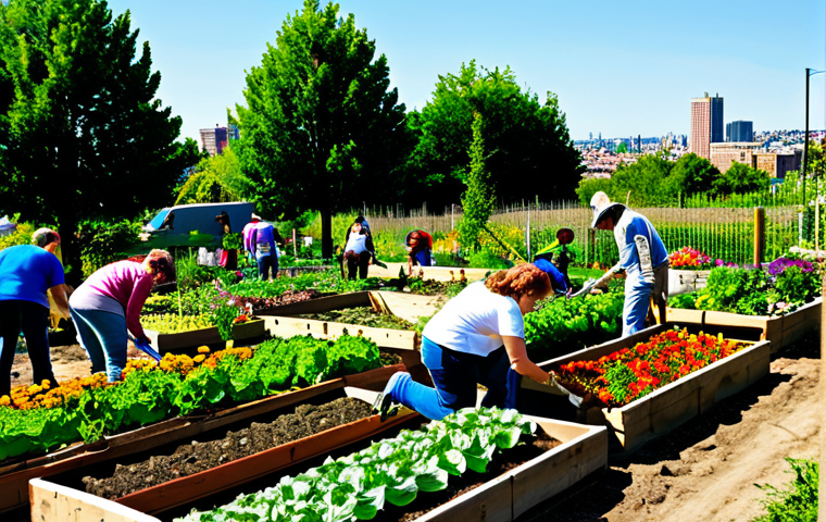 Community Garden**
"A diverse group of people working together in a vibrant community garden, tending to vegetable plants, flowers, and herbs. Some are planting, others are weeding, and some are harvesting. The garden is full of colorful produce and blooming flowers. The background shows a sunny day and a cityscape in the distance. fully clothed, appropriate attire, safe for work, perfect anatomy, natural proportions, professional photography, high quality, family-friendly scene."
**