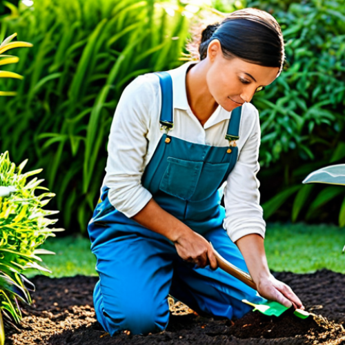 Home 18 Empathetic Gardener**
A woman in her 30s, fully clothed in modest gardening attire (overalls and a long-sleeved shirt), kneeling in a lush garden, carefully tending to plants. Sunlight filters through the leaves, highlighting the rich soil. She has a thoughtful expression, showcasing her connection to nature. Background includes diverse plant life and gardening tools. Safe for work, appropriate content, perfect anatomy, natural proportions, family-friendly, professional photography, high quality.
**