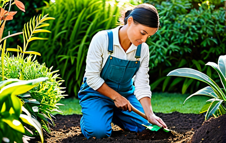 Empathetic Gardener**
A woman in her 30s, fully clothed in modest gardening attire (overalls and a long-sleeved shirt), kneeling in a lush garden, carefully tending to plants. Sunlight filters through the leaves, highlighting the rich soil. She has a thoughtful expression, showcasing her connection to nature. Background includes diverse plant life and gardening tools. Safe for work, appropriate content, perfect anatomy, natural proportions, family-friendly, professional photography, high quality.
**