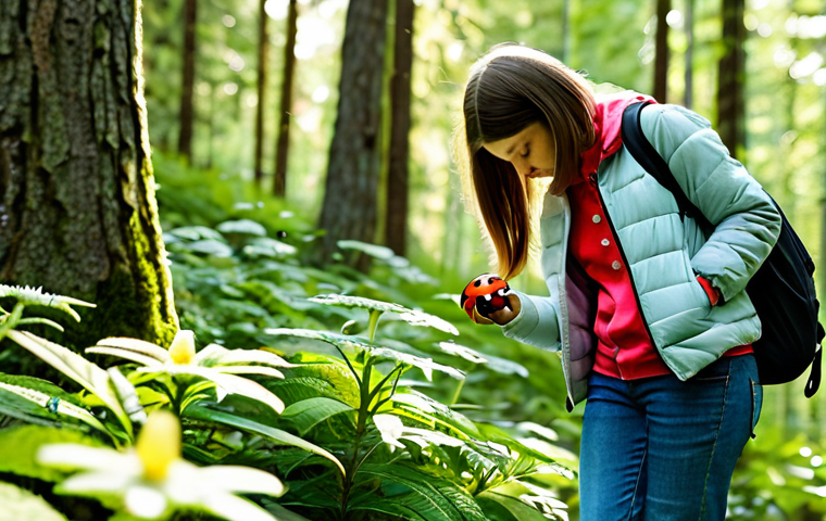 생태적 자아 형성을 위한 교육적 접근 방법 - Mindful Nature Walk**
A young girl, fully clothed in modest hiking attire (jeans, t-shirt, light ja...