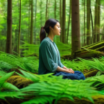 생태적 자아와 정신 건강의 관계 - A serene and deeply calming image of an adult person, dressed in comfortable, modest outdoor clothin...