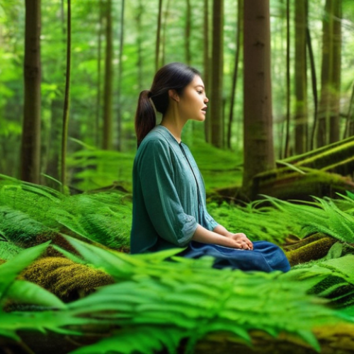 Home 6 생태적 자아와 정신 건강의 관계 - A serene and deeply calming image of an adult person, dressed in comfortable, modest outdoor clothin...