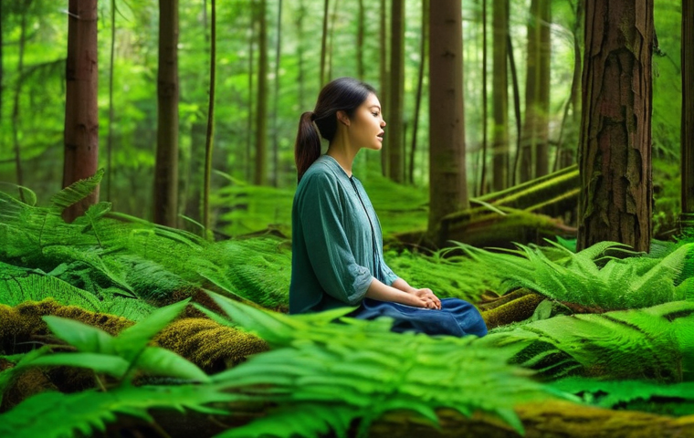 생태적 자아와 정신 건강의 관계 - A serene and deeply calming image of an adult person, dressed in comfortable, modest outdoor clothin...