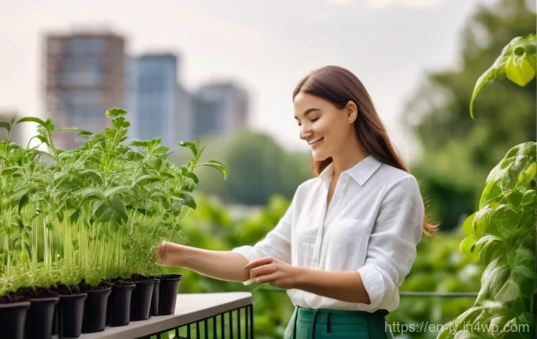 생태적 자아 형성과 지속 가능한 삶 - **Prompt 1: Serene Urban Gardener Connecting with Nature**
A young adult (male or female, age 20...