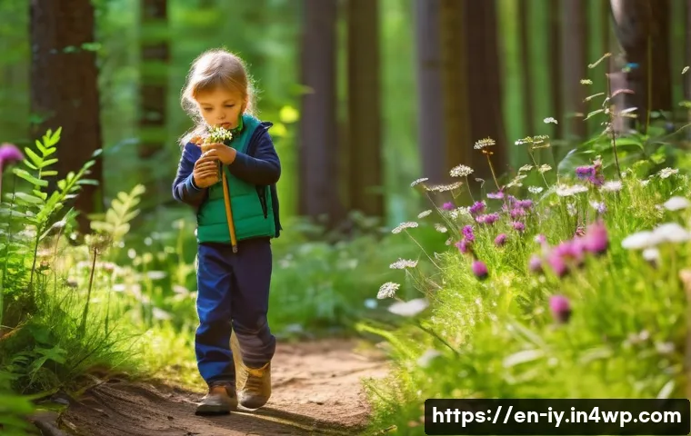 생태적 자아 형성과 공감 능력 개발 - A serene, sunlit forest scene during early morning with a diverse group of people of various ages an...