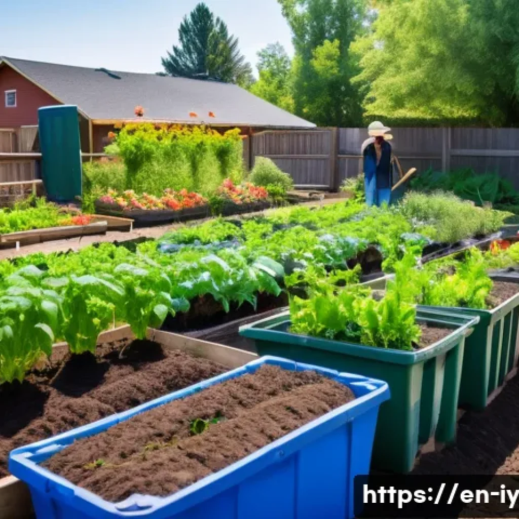 생태적 자아 형성과 사회적 변화의 연관성 - A vibrant community garden scene in a suburban neighborhood during springtime, diverse people of var...