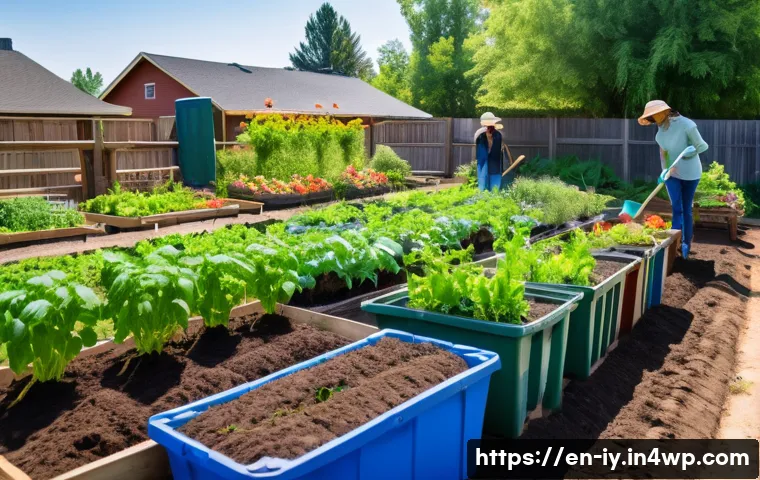 생태적 자아 형성과 사회적 변화의 연관성 - A vibrant community garden scene in a suburban neighborhood during springtime, diverse people of var...