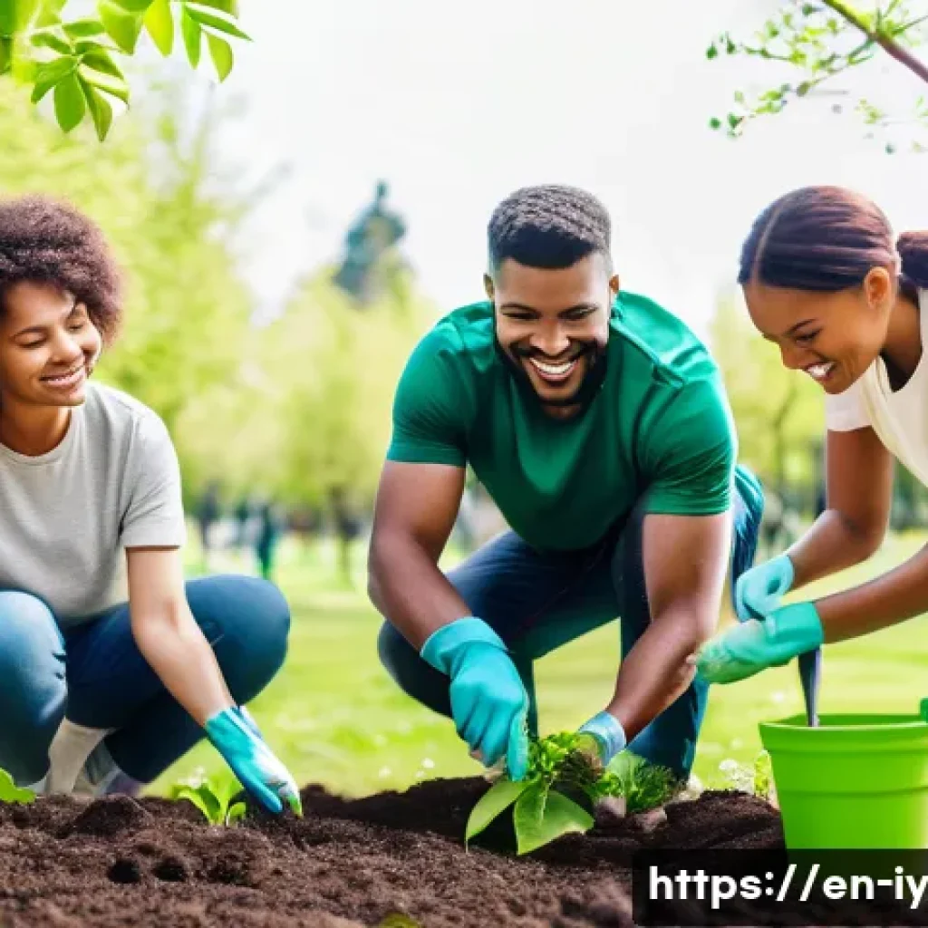 생태적 자아 형성과 사회적 가치의 변화 - A diverse group of people planting trees together in a vibrant community park on a sunny day, smilin...