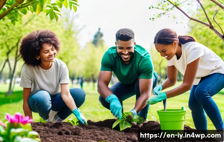 생태적 자아 형성과 사회적 가치의 변화 - A diverse group of people planting trees together in a vibrant community park on a sunny day, smilin...