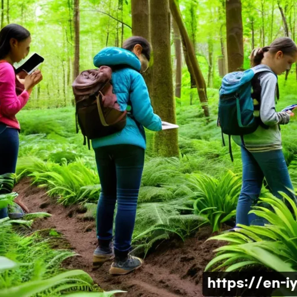 청소년의 생태적 자아 형성을 위한 프로그램 - A vibrant scene of diverse teenagers participating in a guided nature walk through a lush, green for...