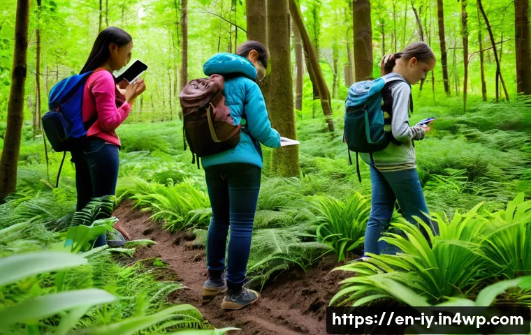 청소년의 생태적 자아 형성을 위한 프로그램 - A vibrant scene of diverse teenagers participating in a guided nature walk through a lush, green for...