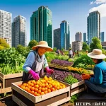 생태적 자아와 문화적 정체성의 관계 - A vibrant urban community garden scene in a bustling city park during early autumn, diverse people o...