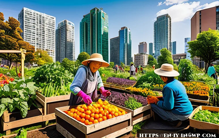 생태적 자아와 문화적 정체성의 관계 - A vibrant urban community garden scene in a bustling city park during early autumn, diverse people o...