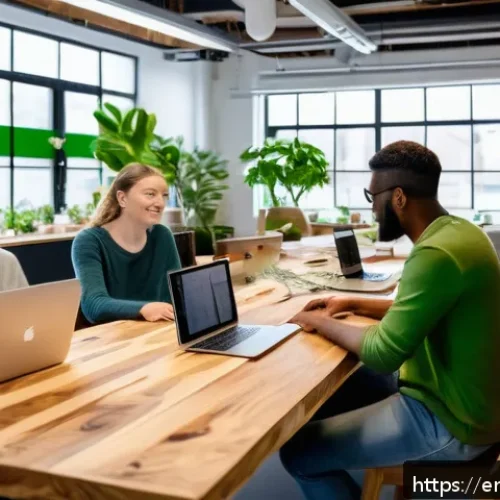 생태적 자아 형성을 위한 창업 아이디어 - A modern eco-friendly startup workspace filled with natural light, featuring employees collaborating...