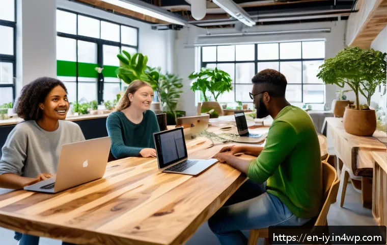 생태적 자아 형성을 위한 창업 아이디어 - A modern eco-friendly startup workspace filled with natural light, featuring employees collaborating...