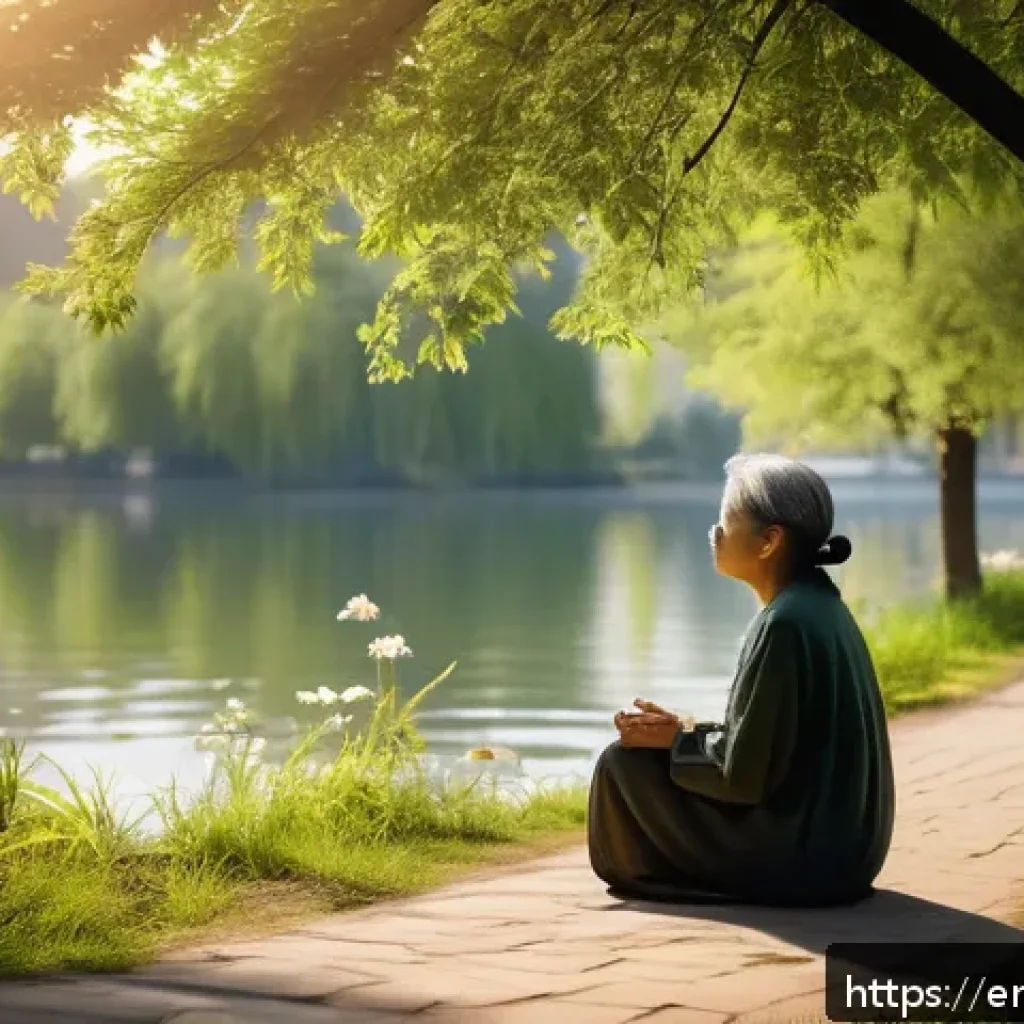 생태적 자아 형성의 긍정적 영향 - A serene urban park scene at golden hour with diverse people peacefully walking and sitting by a cal...