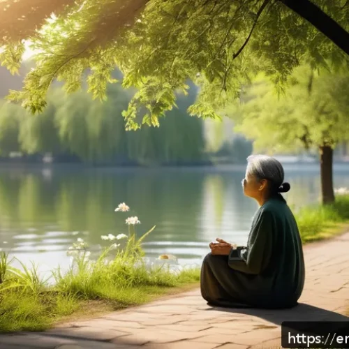 생태적 자아 형성의 긍정적 영향 - A serene urban park scene at golden hour with diverse people peacefully walking and sitting by a cal...
