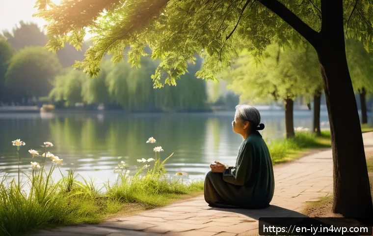 생태적 자아 형성의 긍정적 영향 - A serene urban park scene at golden hour with diverse people peacefully walking and sitting by a cal...
