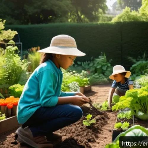 생태적 자아와 환경적 지속 가능성 - A serene early morning scene in a lush urban community garden, featuring diverse people of various a...