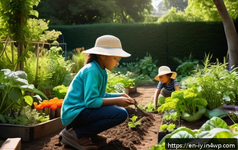 생태적 자아와 환경적 지속 가능성 - A serene early morning scene in a lush urban community garden, featuring diverse people of various a...