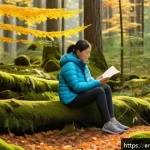 생태적 자아 형성과 긍정적 행동 변화 - A serene forest scene during early autumn with a diverse group of people engaged in mindful nature o...