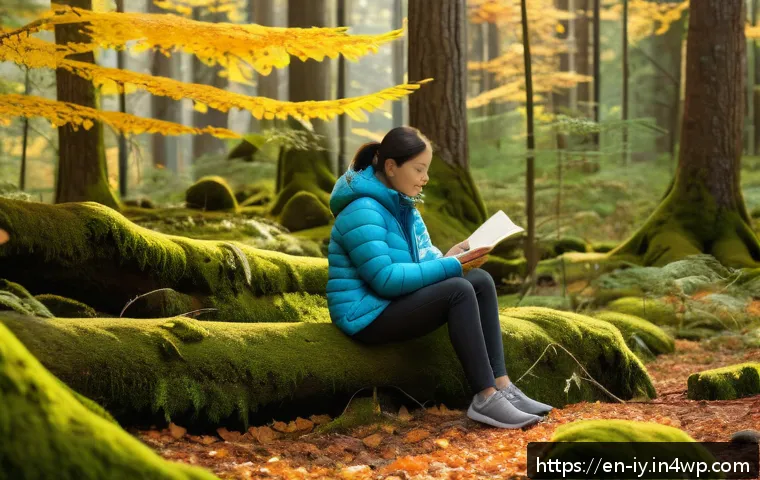 생태적 자아 형성과 긍정적 행동 변화 - A serene forest scene during early autumn with a diverse group of people engaged in mindful nature o...