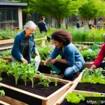 생태적 자아 형성과 생태학적 지식의 전파 - A serene urban community garden scene in spring, featuring diverse people of various ages and ethnic...