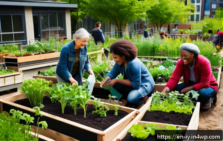 생태적 자아 형성과 생태학적 지식의 전파 - A serene urban community garden scene in spring, featuring diverse people of various ages and ethnic...