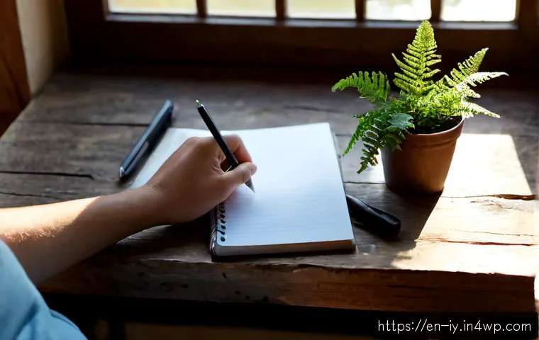 Home 17 생태적 자아 형성을 위한 성찰적 글쓰기 - Photorealistic close-up of an adult seated at a reclaimed wood desk beside a sunlit window, quietly ...