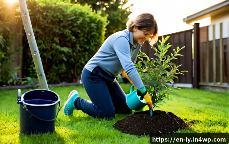Home 17 생태적 자아와 행동 변화 촉진 전략 - Photorealistic lifestyle scene of a middle-aged woman planting a young native tree in her suburban b...