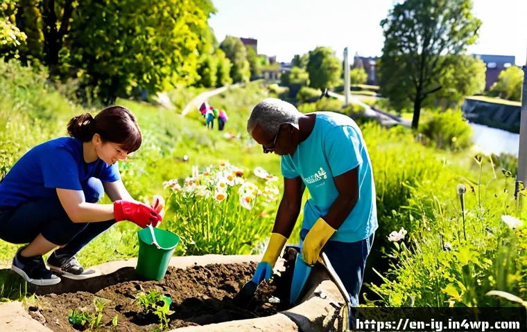생태적 자아 형성을 위한 협력적 프로젝트 - Photorealistic community environmental project in a sunny urban park, a diverse group of adults, tee...